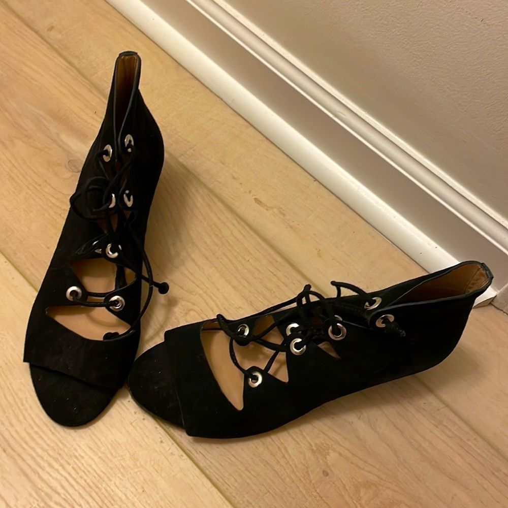 J Crew Laila Lace up Wedges in Suede Black Size 9.5 item e7658 $198.  Brand new